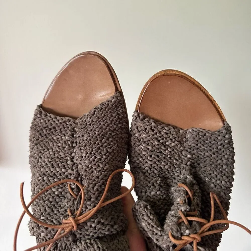 CYDWOQ Vintage Women’s Grey Taupe Woven Lace Up Leather Sole Sandal